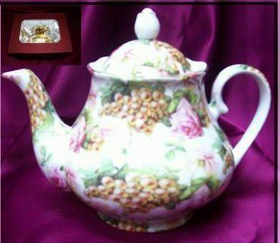 Pink Rose and Golden Grapes Chintz Porcelain Teapot Satin Lined Gift Box-Roses And Teacups