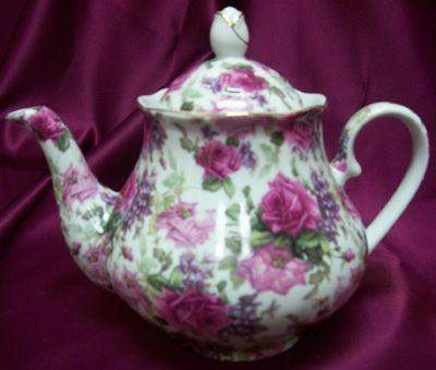 Pink Roses and Lilacs Chintz Porcelain 33 oz. Teapot Satin Lined Gift Box-Roses And Teacups