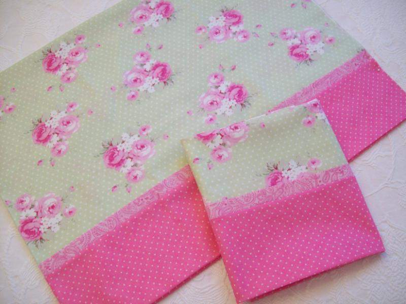 Pink Roses on Mint Pillow Cases Set of 2-Roses And Teacups