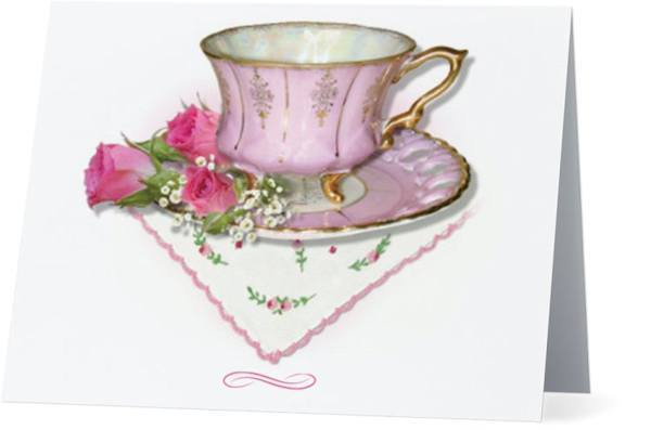 Pink Tea Cup Blank Greeting Card-Roses And Teacups