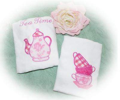 Pink Tea Time Embroidered and Appliqueed Tea Towels-Roses And Teacups