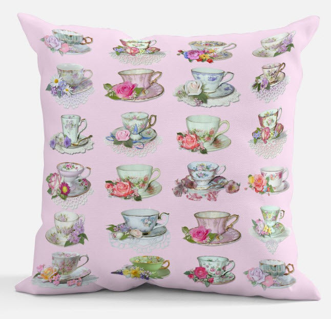 Pink Teapots and Tea Cups Throw Pillow