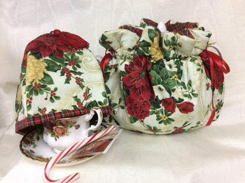 Poinsettias and Plaid 2 in One Reversible 6 Cup Warp Around Teapot Cozy-Roses And Teacups