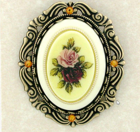 Porcelain Roses Cameo Brooch in Gold Scroll Frame