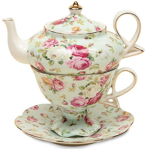 Porcelain Tea For One with Saucer - Roses on Blue Chintz - Limited-Roses And Teacups