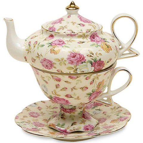 Porcelain Tea For One with Saucer - Roses on Cream Chintz - Limited-Roses And Teacups