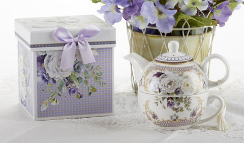Porcelain Tea for One Gift Box - Purple Rose Elegance