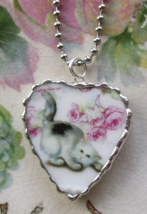 Pretty Kitty in the Roses Broken China Pendant with Chain-Roses And Teacups