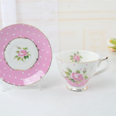 Pretty Pink Polka Dot Porcelain Teacups and Saucers Set of 4-Roses And Teacups