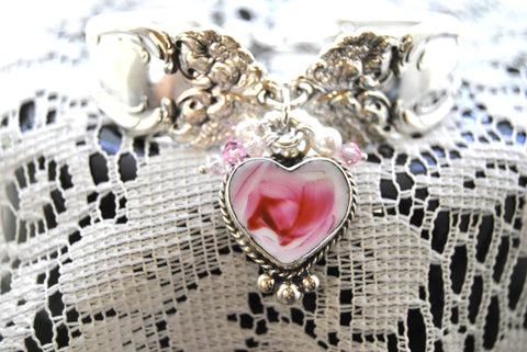 Pretty Precious Pink Rose Silver Spoon Bracelet with China Charm