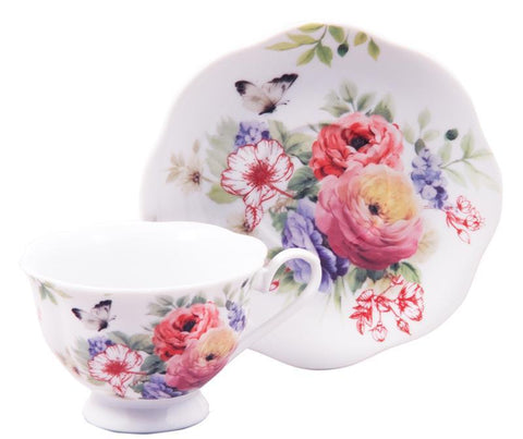Pretty Wild Roses and Butterflies Bulk Porcelain Teacups and Saucers Case of 24 Tea Cup and 24 Saucers-Roses And Teacups
