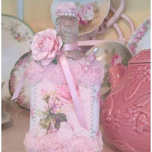 Pink Altered Bottle-Roses And Teacups