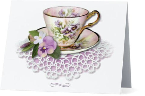 Purple Tea Cup Blank Greeting Card-Roses And Teacups