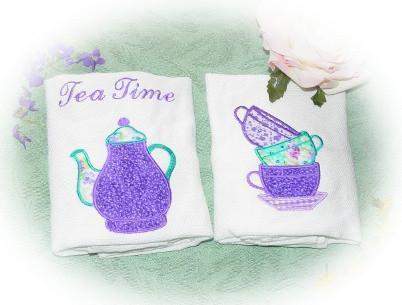 Purple Tea Time Embroidered and Appliqueed Tea Towels
