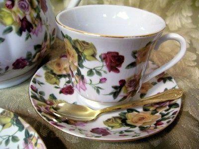 RARE! Set of 4 Full Size Rose Garden Chintz Porcelain Teacups and Saucers-Roses And Teacups