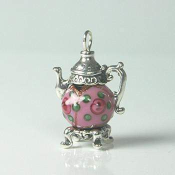 Raised Pink Czech Bead Silver Teapot Earrings