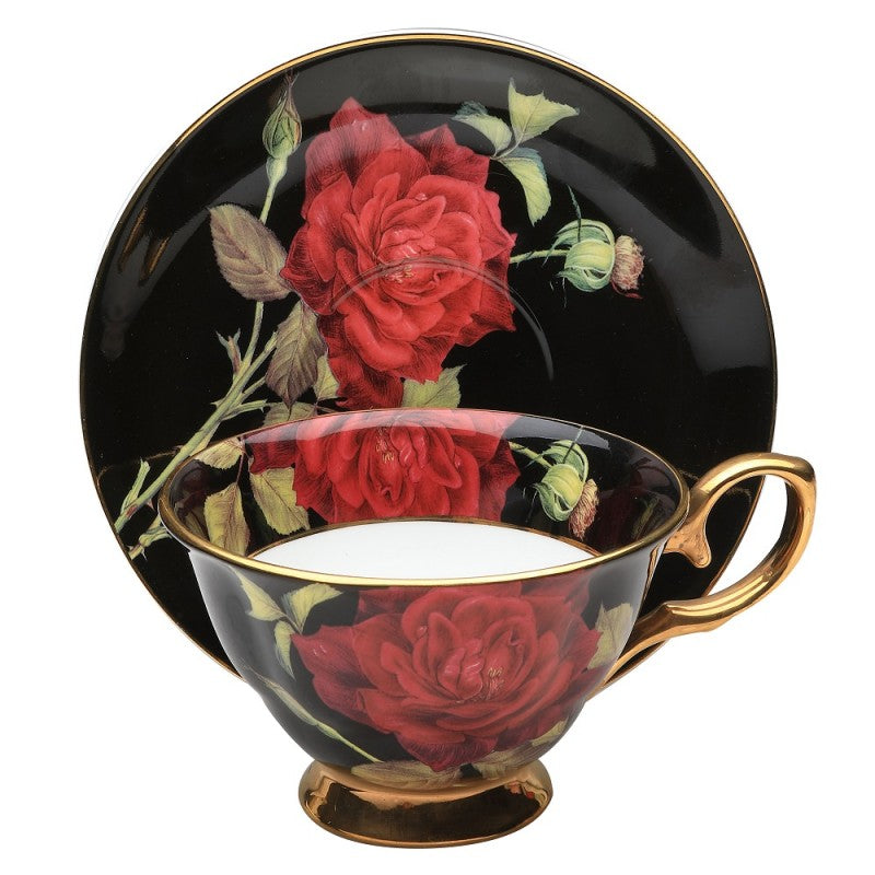 Ravishing Red Rose on Black Fine Bone China Teacup and Saucer-Roses And Teacups