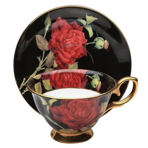 Ravishing Red Rose on Black Fine Bone China Teacup and Saucer