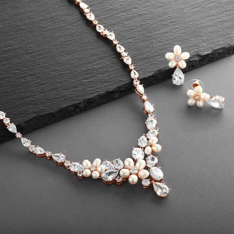 Ravishing Rose Gold Freshwater Pearl & CZ Bridal Necklace and Earrings Set 4430S-I-RG-Roses And Teacups