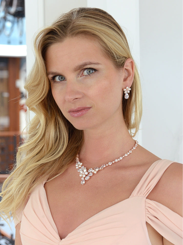 Ravishing Rose Gold Freshwater Pearl & CZ Bridal Necklace and Earrings Set 4430S-I-RG-Roses And Teacups