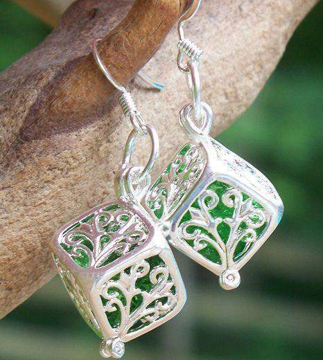 Reclaimed Glass Emerald Silver Filigree Earrings-Roses And Teacups