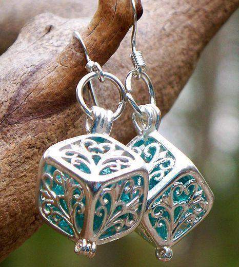Reclaimed Glass Ice Blue Silver Filigree Earrings-Roses And Teacups