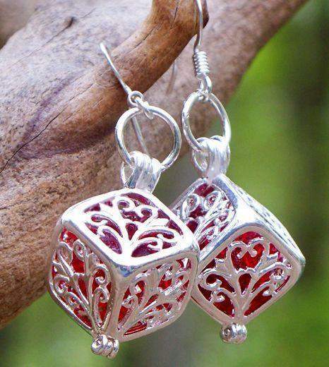 Reclaimed Glass Ruby Silver Filigree Earrings-Roses And Teacups