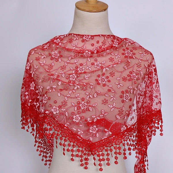 Red Lace Floral Triangle Scarf