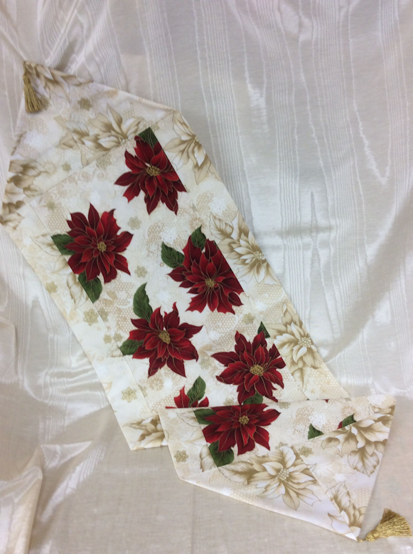 Red Poinsettias Reversible Table Runner-Roses And Teacups