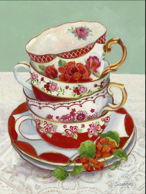Red Tea Cups Susan Rios Keepsakes 12 x 9-Roses And Teacups