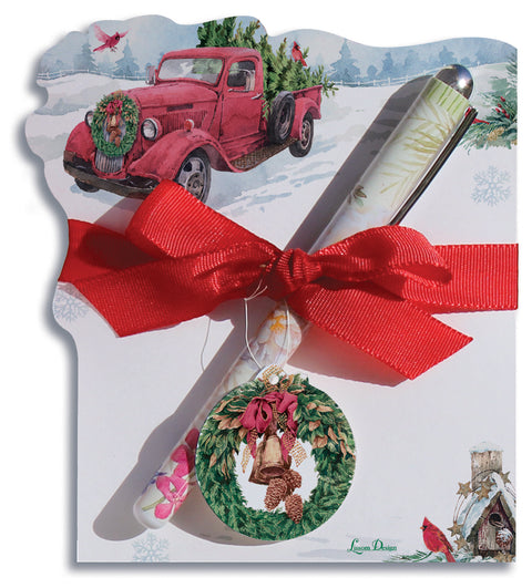 Red Truck Hauling Christmas Tree with Red Cardinals Note Pad and Pen Set - Roses And Teacups 