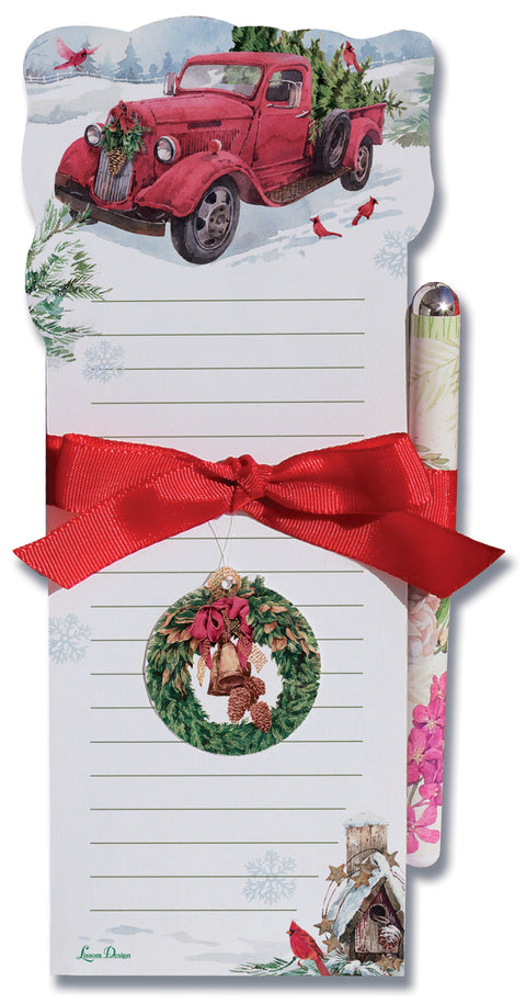 Red Truck Hauling Christmas Tree with Cardinals and Wreath Magnetic List Pad - Roses And Teacups 