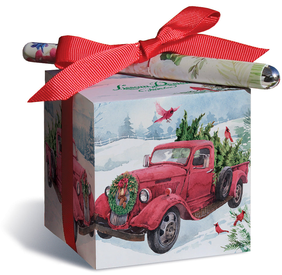 Red Truck Hauling Christmas Tree with Cardinals and Wreath Note Block and Pen Set - Roses And Teacups 