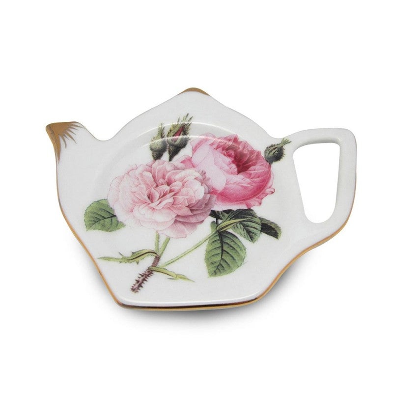 Redoute Rose Tea Bag Holder Porcelain Teapot Shaped Set of 4-Roses And Teacups