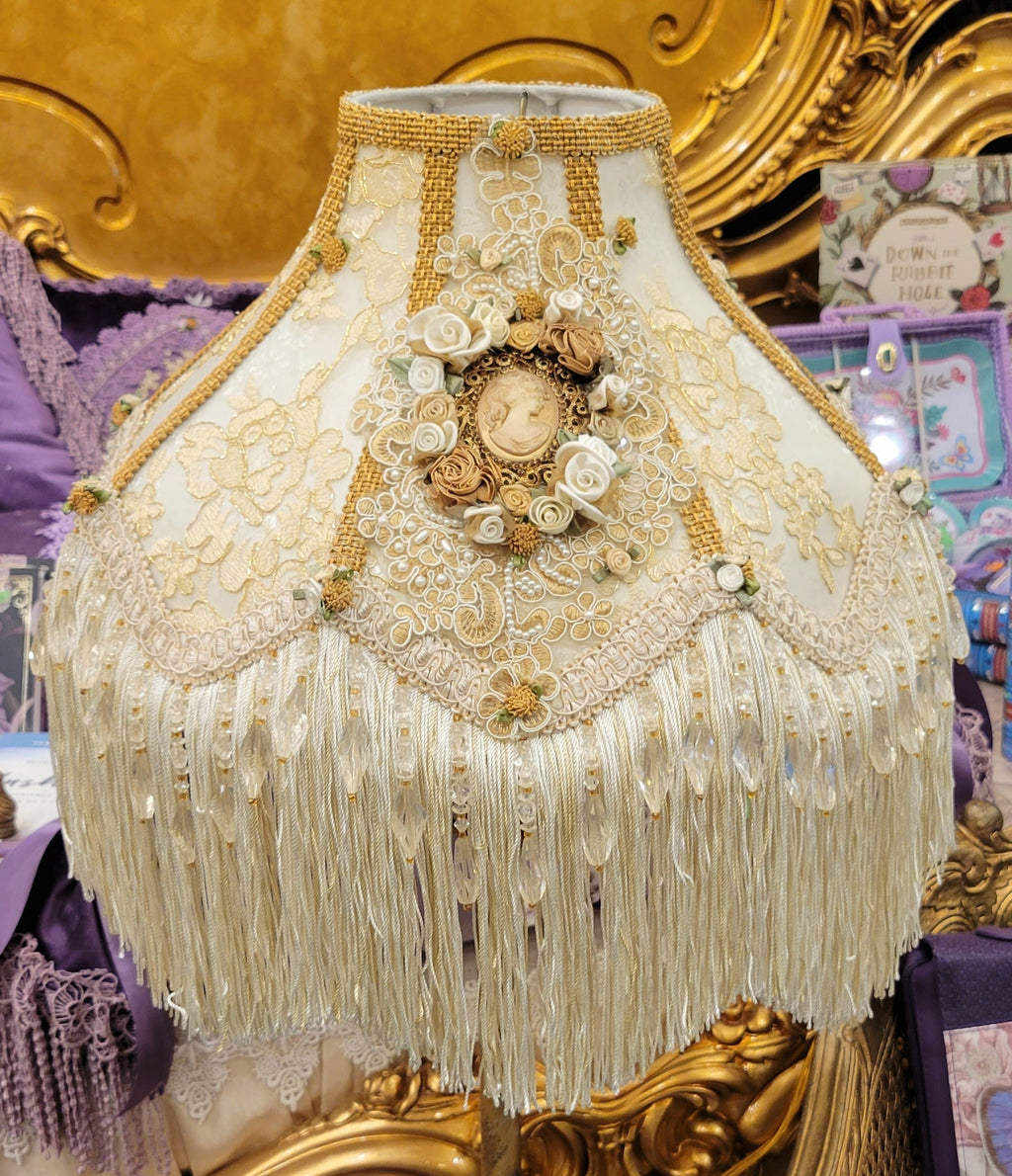 Romantic Ivory & Gold Cameo Lace and Fringe Large Lampshade - One of a Kind!-Roses And Teacups