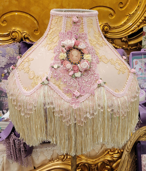Romantic Ivory & Pink Cameo Lace and Fringe Large Lampshade - One of a Kind!-Roses And Teacups