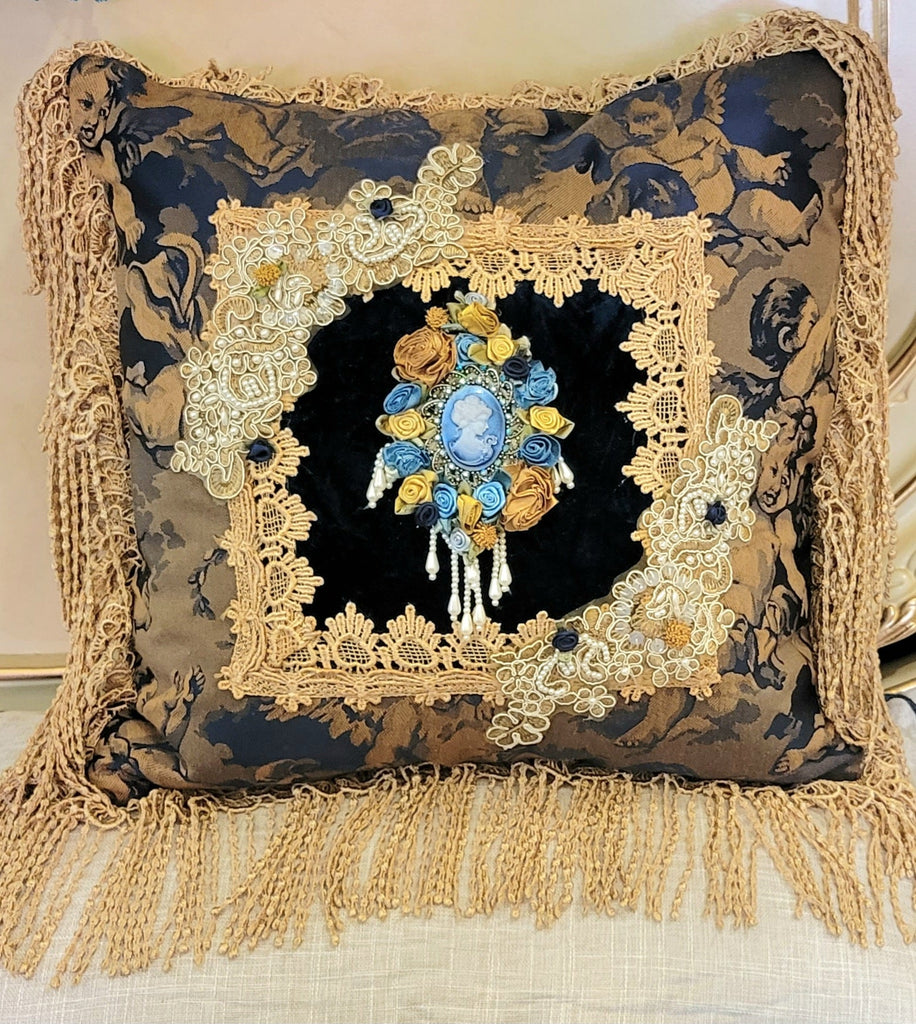 Romantic Victorian Blue Cameo & Cherubs Lace Rose Adorned Square Pillow - One of a Kind!-Roses And Teacups