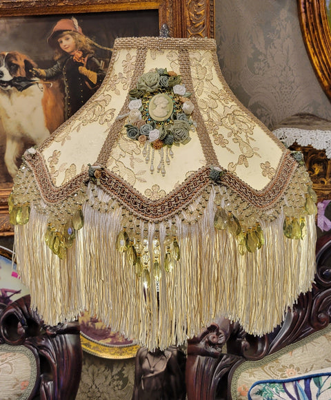 Romantic Victorian Grand Green Cameo and Lace Large Lamp Shade - One of a Kind!