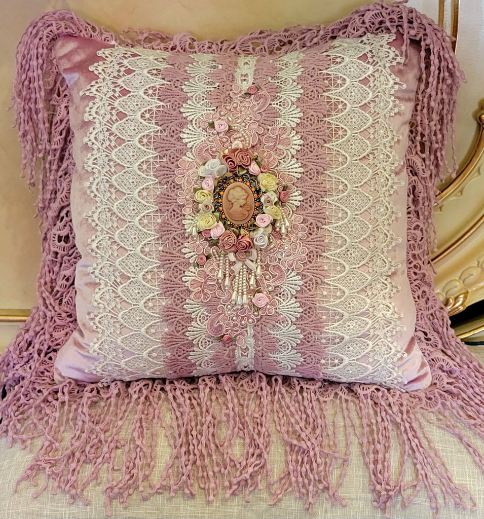 Romantic Victorian Pink Cameo Lace Rose Adorned Square Pillow - One of a Kind!-Roses And Teacups