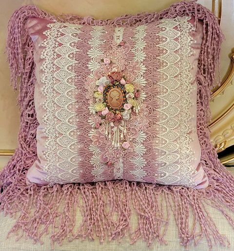 Romantic Victorian Pink Cameo Lace Rose Adorned Square Pillow - One of a Kind!