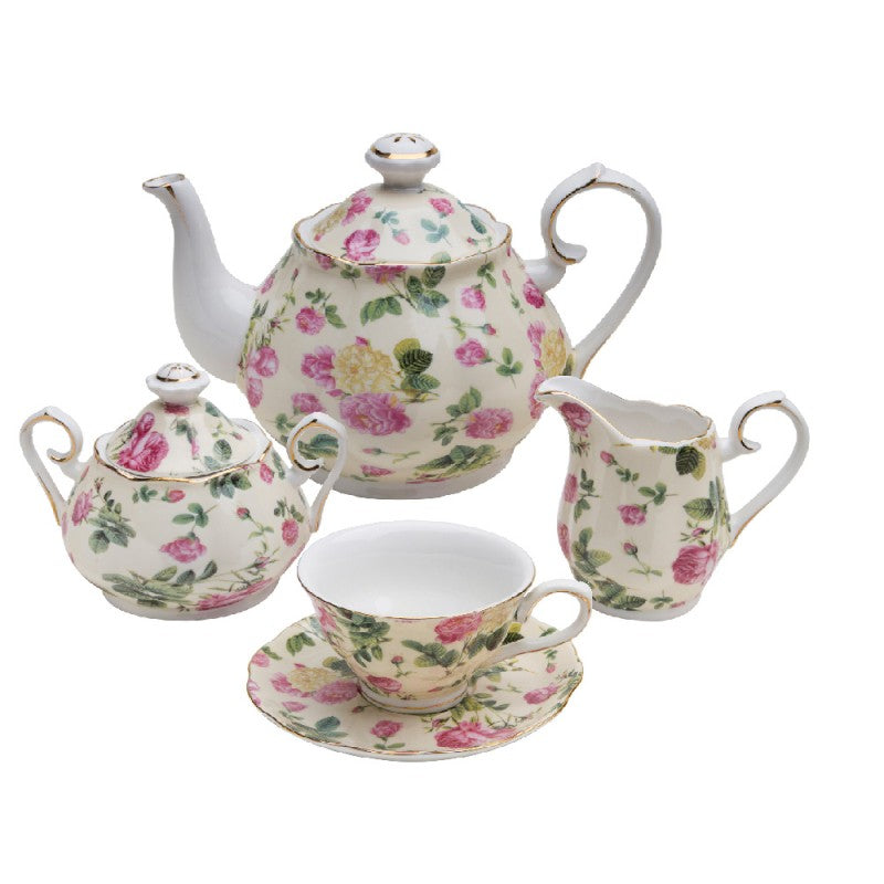 Rose Chintz Bouquet 11 Piece Porcelain Tea Set-Roses And Teacups