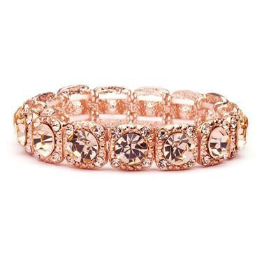 Rose-Gold Coral Color Bridal or Prom Stretch Bracelet with Crystals 532B-RG-Roses And Teacups