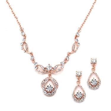 Rose Gold Vintage-Style Crystal Necklace and Earrings Set 4554S-RG-Roses And Teacups