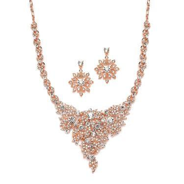 Rose Gold and Crystal Statement Necklace Set 4184S-RG-Roses And Teacups