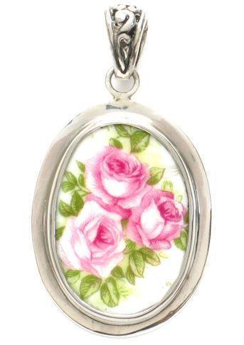 Rose Trio Sterling Silver Broken China Jewelry Oval Pendant-Roses And Teacups