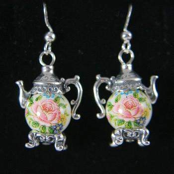 Rose on White Bead Silver Teapot Earrings-Roses And Teacups