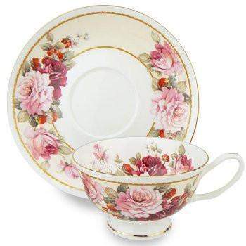 Roses And Strawberries Fine Bone China Teacup (Tea Cup) & Saucer - Very Limited!