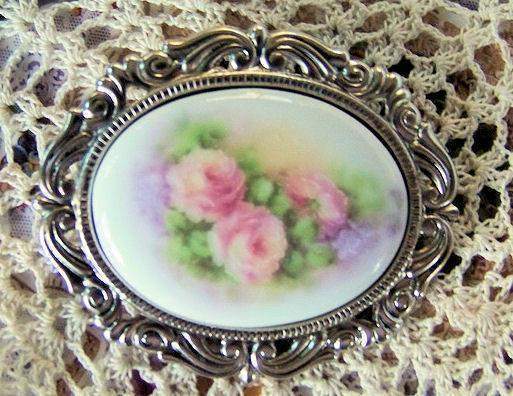 Roses and Lilacs Porcelain Cameo Brooch