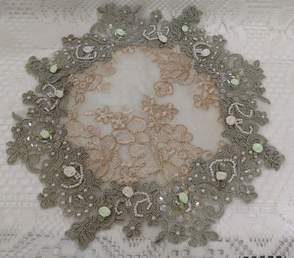 Sage Beaded Lace Doily Gold Thread-Roses And Teacups