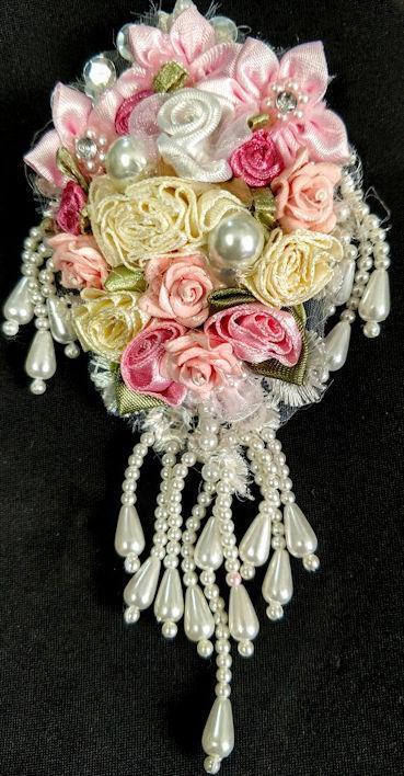 Saralynne Beaded Satin Corsage Brooch-Roses And Teacups